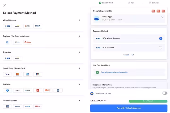 cara pembayaran rental mobil tiket com
