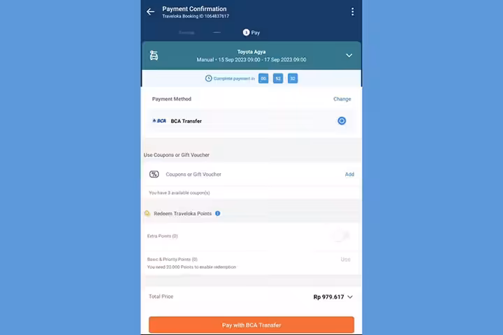 cara pembayaran sewa mobil Traveloka
